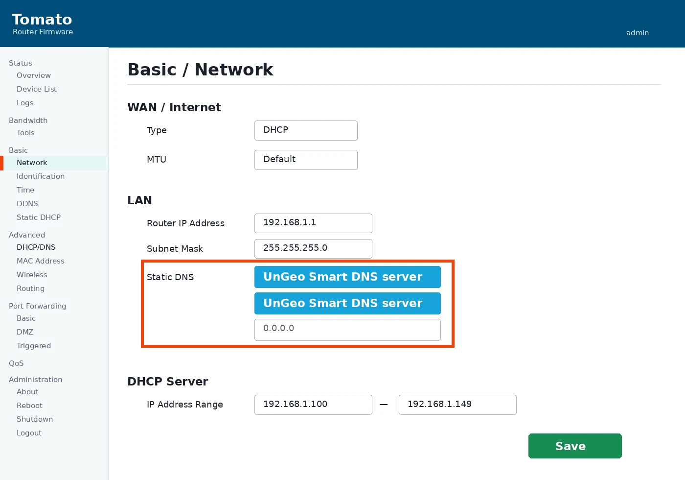Tomato Router setup screenshot 1