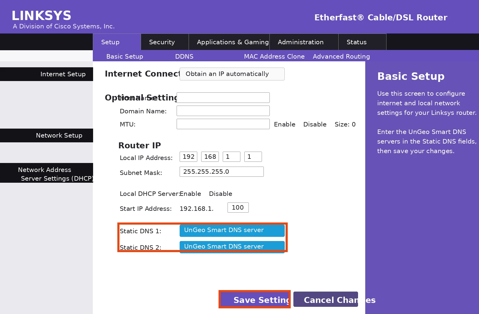 Linksys Router setup screenshot 1